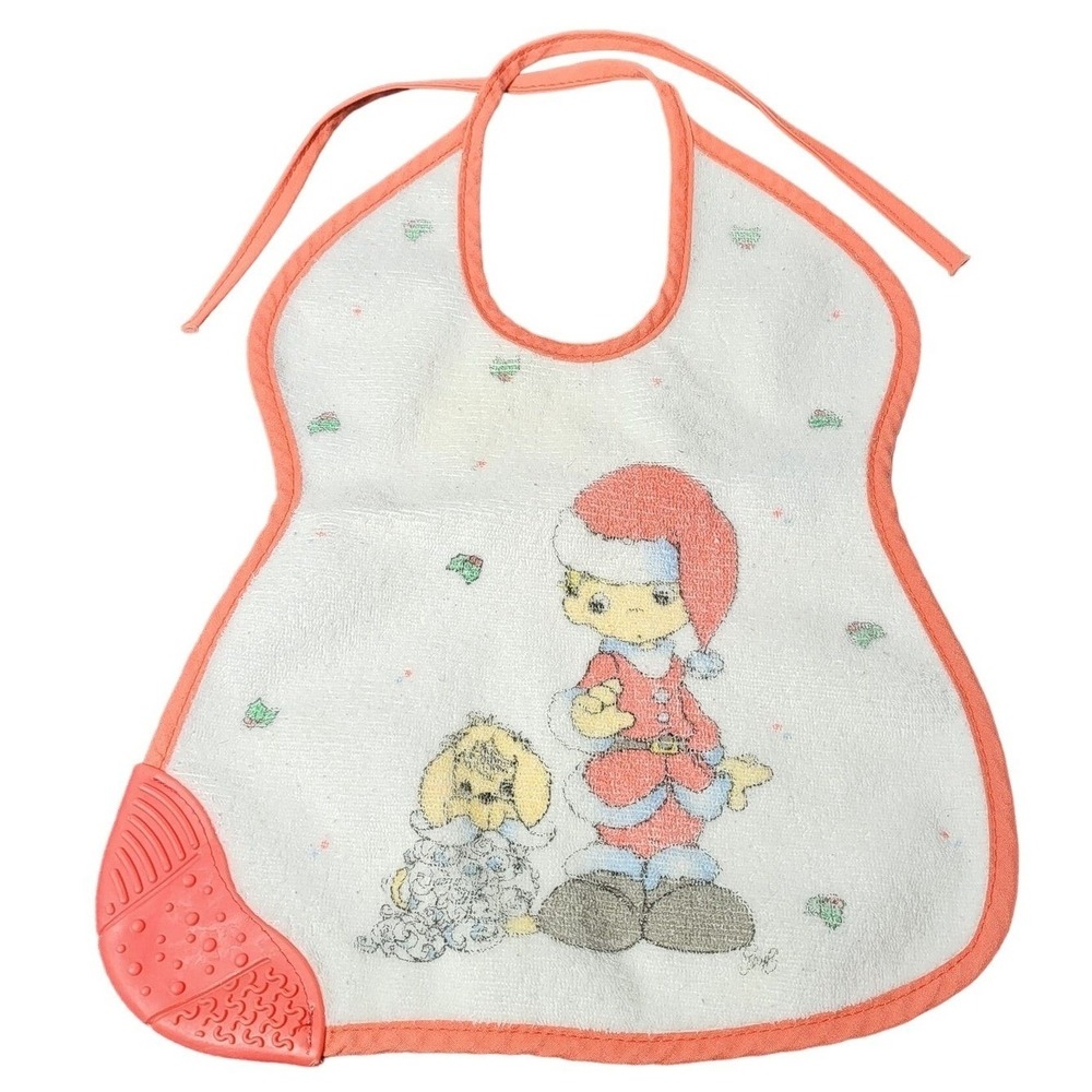 Vintage Precious Moments Baby Bib Christmas Santa Claus and Dog Teether Vtg